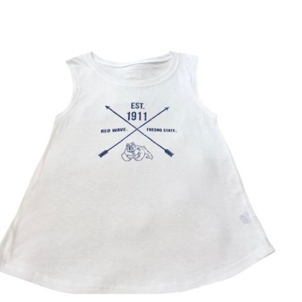 Alma Mater Women’s Muscle Tank Top in White 1911 Red Wave Fresno State. L
